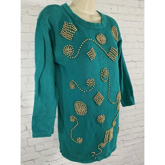 Colleen’s Collectables Teal Knot Sweater Gold Beads 3/4 Sleeve Size S Small - Picture 2 of 6